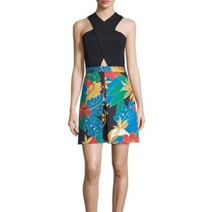 Alice+Olivia Ali Crossover Floral-Trim Ponte Dress